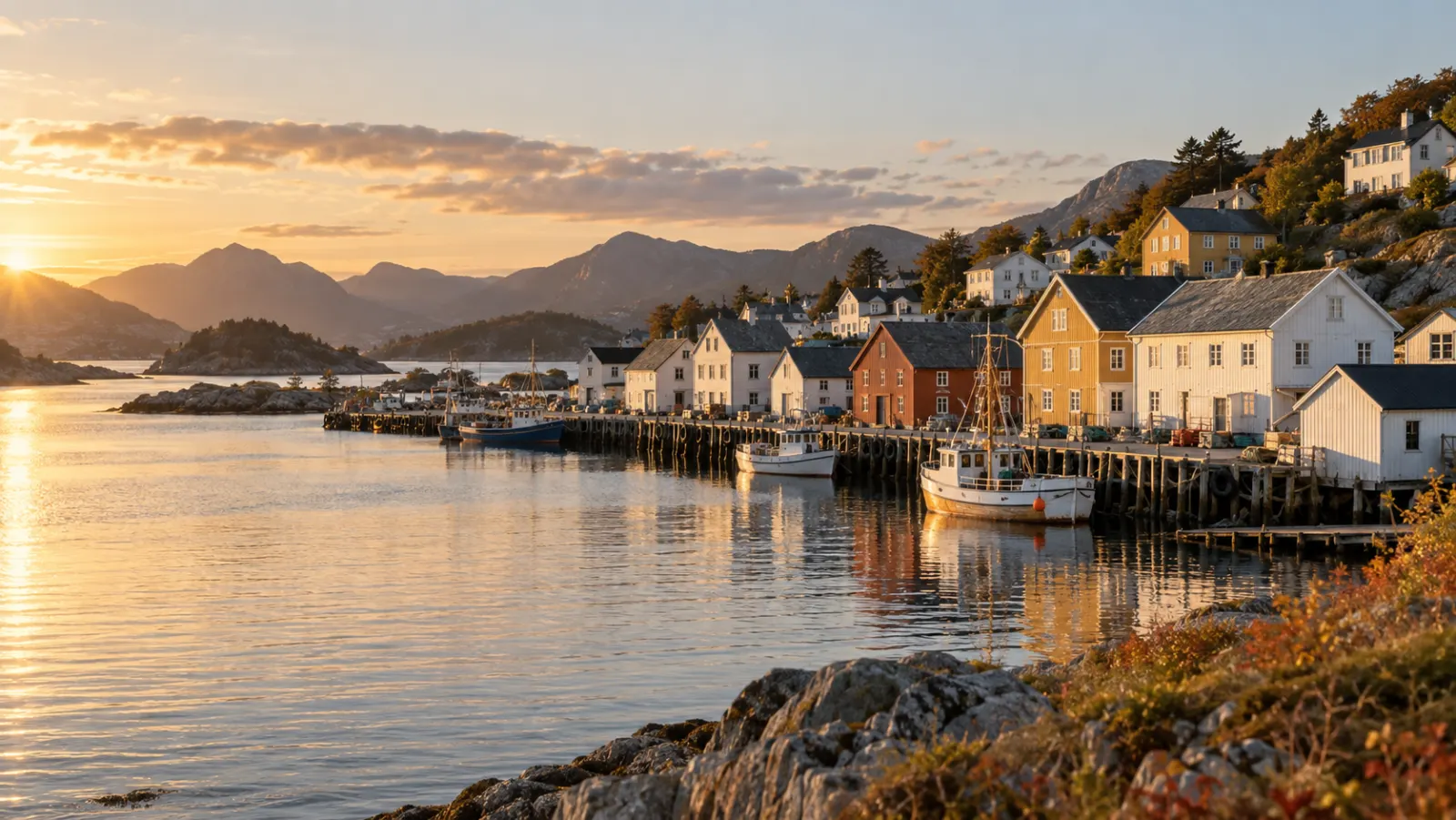 A west-Norwegian harbour town at golden hour, painted wooden houses along the quay.