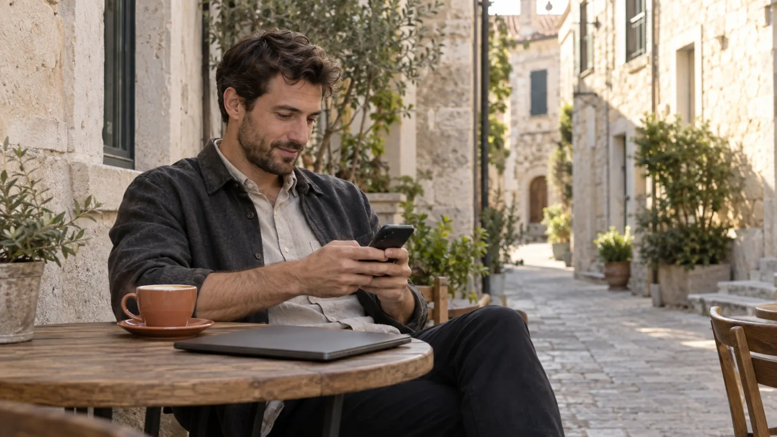 An operations lead at a café table sending a message from his phone, his laptop closed beside him.
