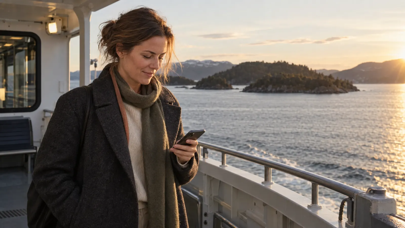 A property manager on a coastal ferry at golden hour, typing on her phone.
