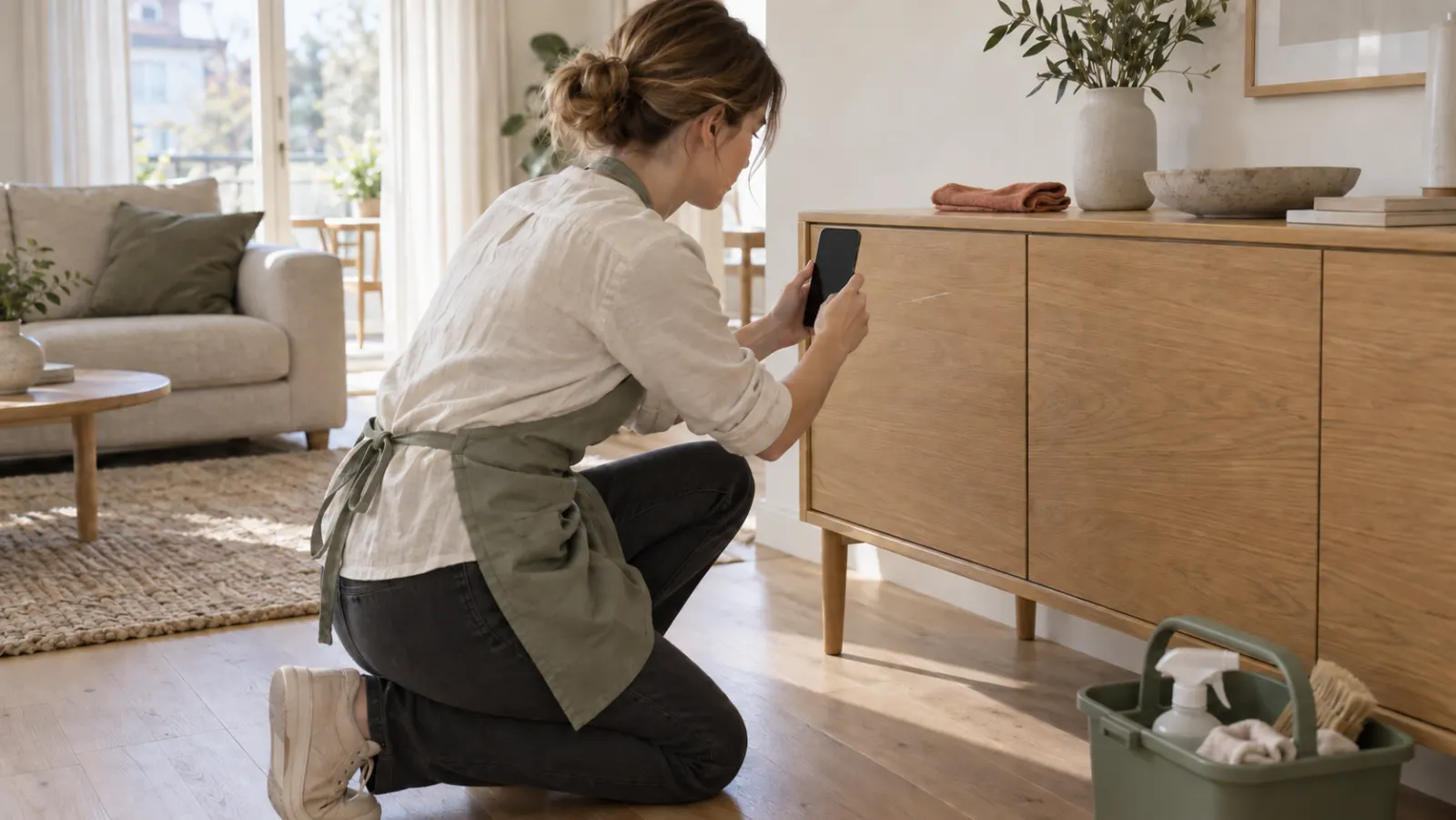 A cleaner kneeling to photograph a small scratch on a wooden sideboard during a turnover.