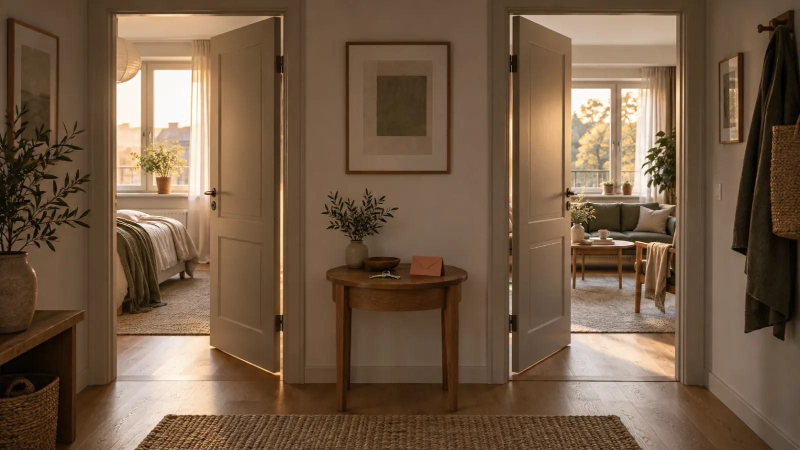 A calm apartment hallway with two doors ajar into two different rooms.