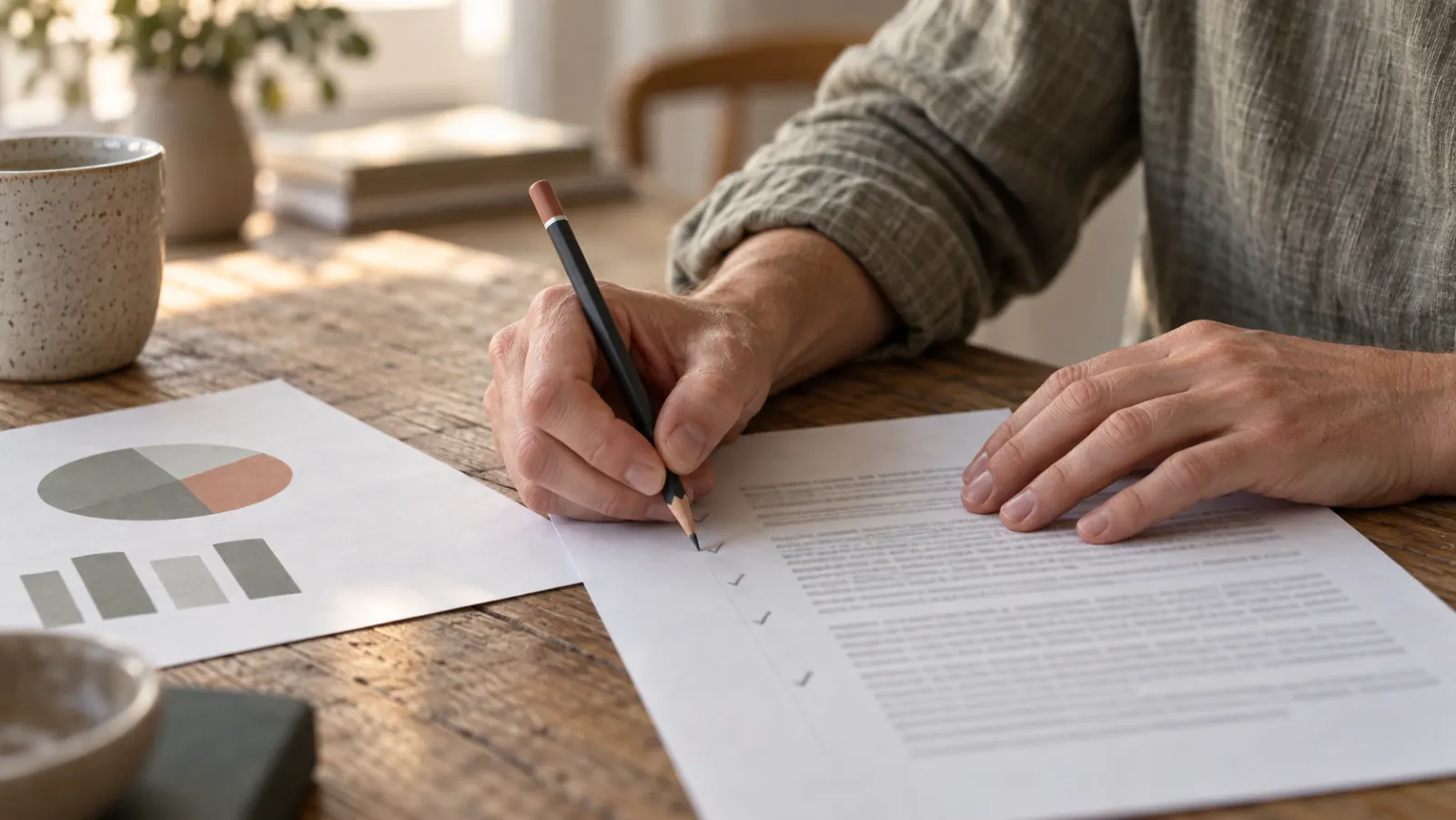 Hands checking a printed page with a pencil, ticking off footnotes.
