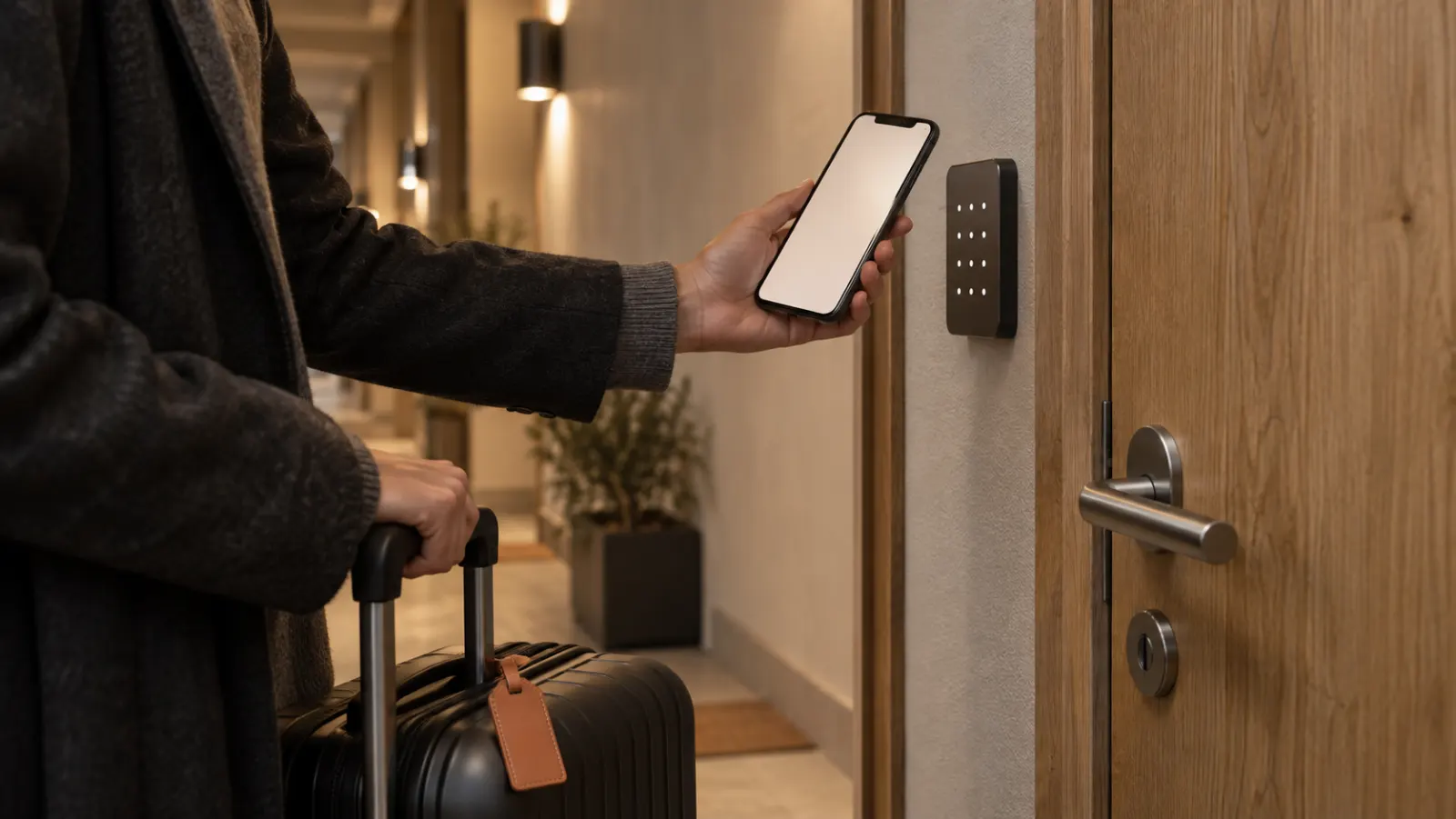 A guest holding a phone beside an apartment door keypad, a suitcase at their side.