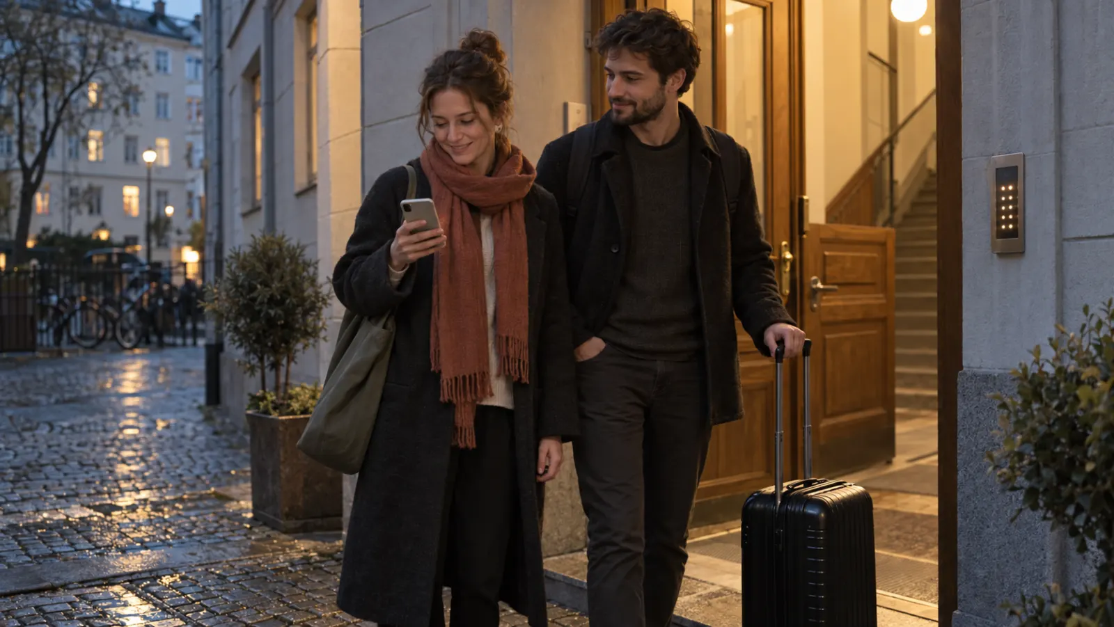 A couple arriving with a suitcase at an apartment building at dusk, one reading a message on her phone.