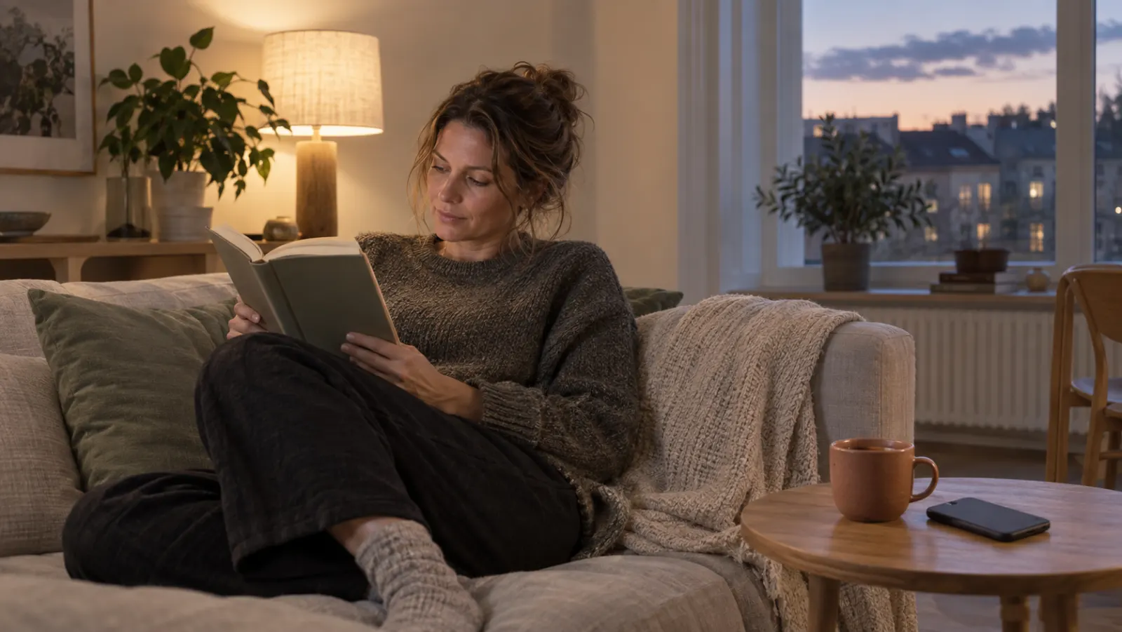 A property manager reading on her sofa in the evening, her phone face down on the side table.