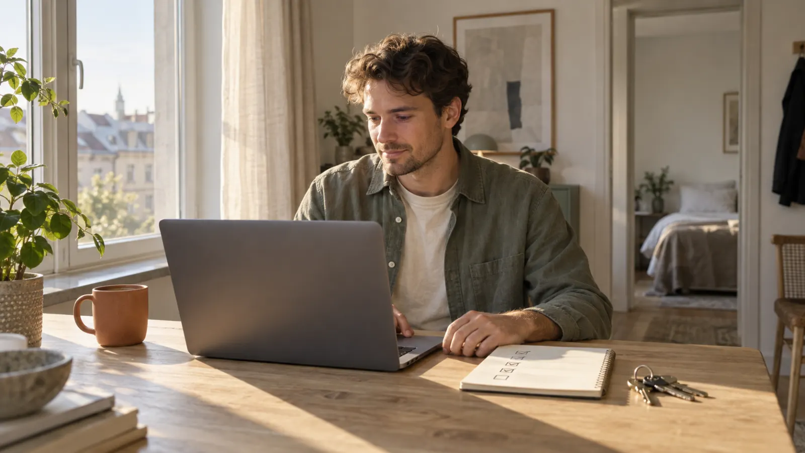 An operations coordinator at a desk by a window in the morning with a notebook checklist and keys.