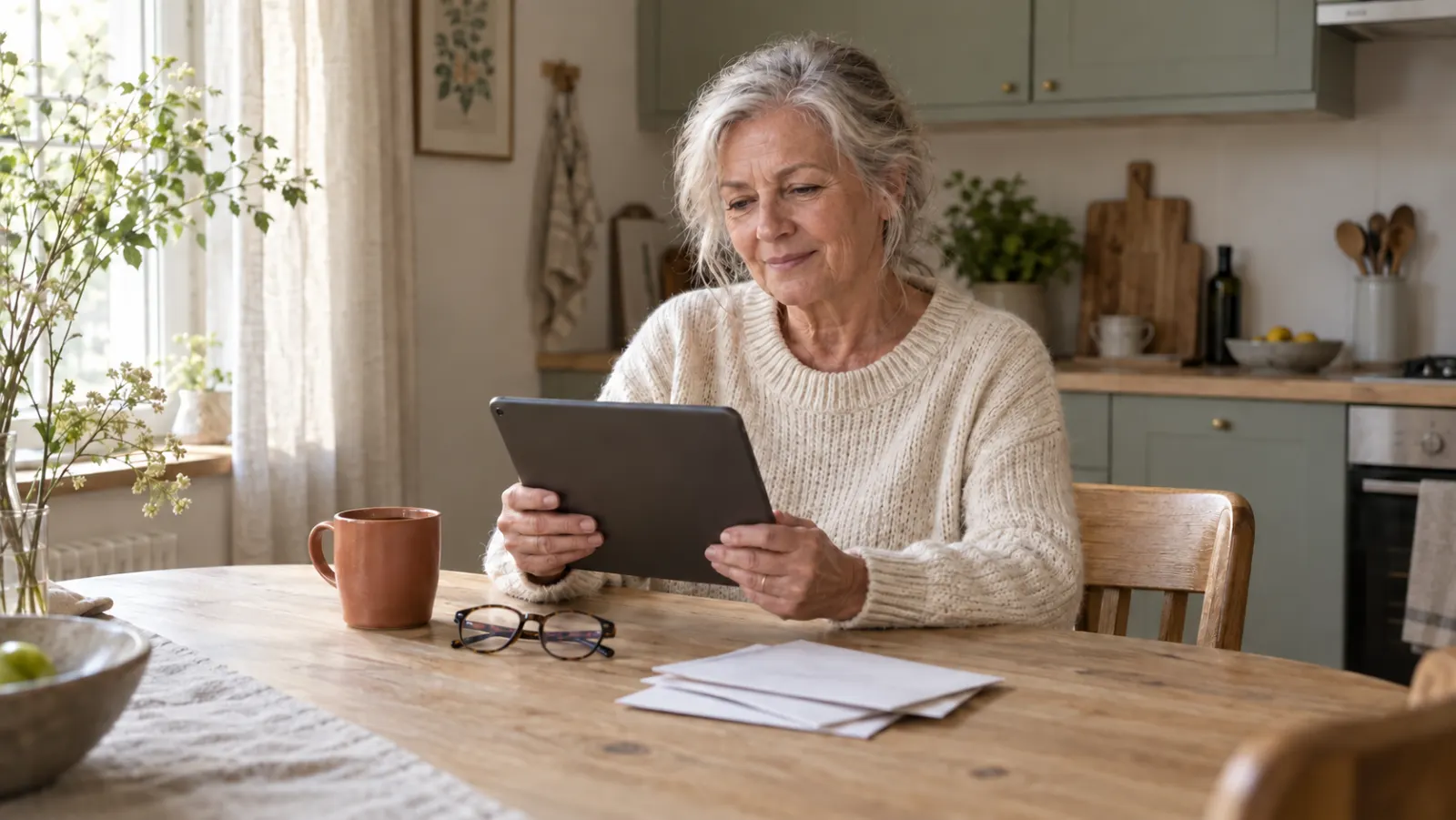 A property owner at her kitchen table in the morning, reviewing her statement on a tablet.