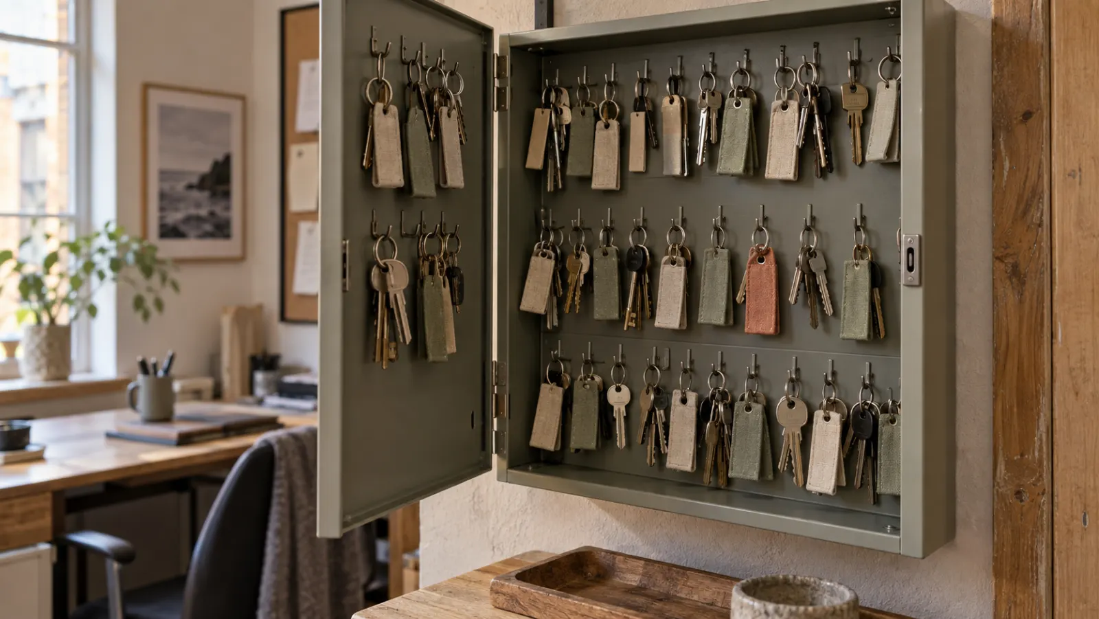 An open key cabinet in a property management office, rows of apartment keys on tagged hooks.
