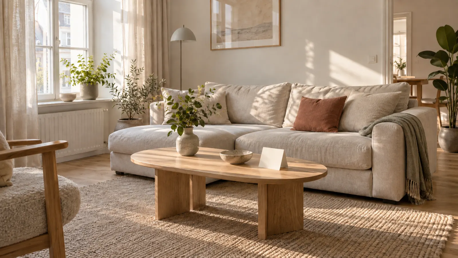 A bright Nordic living room freshly prepared for guests, a blank welcome card on the table.