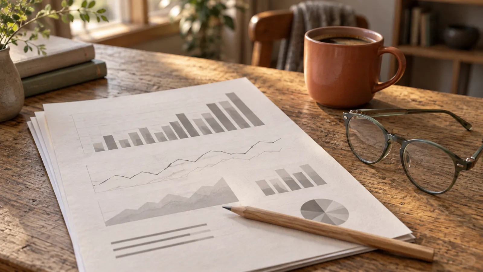 A printed report with charts on a wooden table beside a pencil, glasses and coffee.