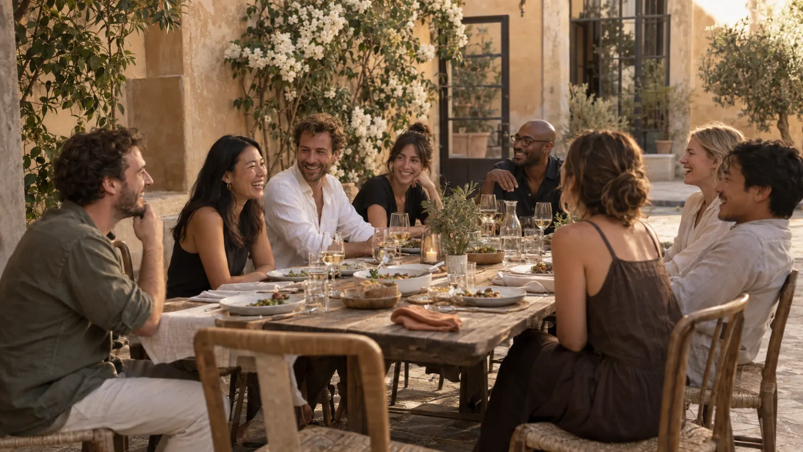 A small international team at a long outdoor dinner table in a sunlit Madrid courtyard.