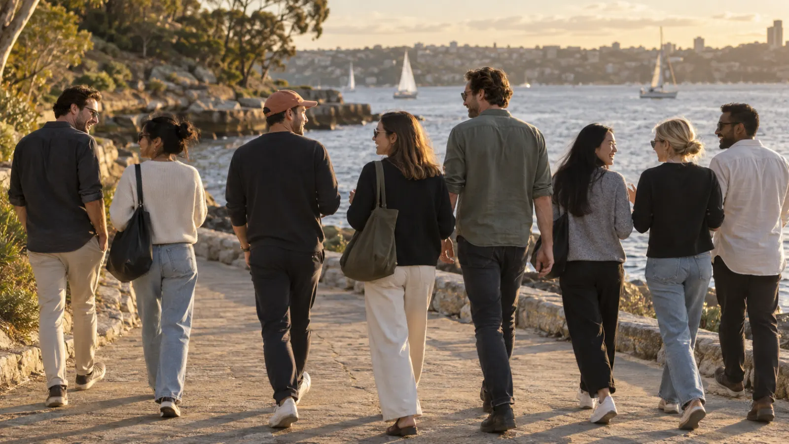 A team walking together along a harbour foreshore path at golden hour, sailboats on the water.