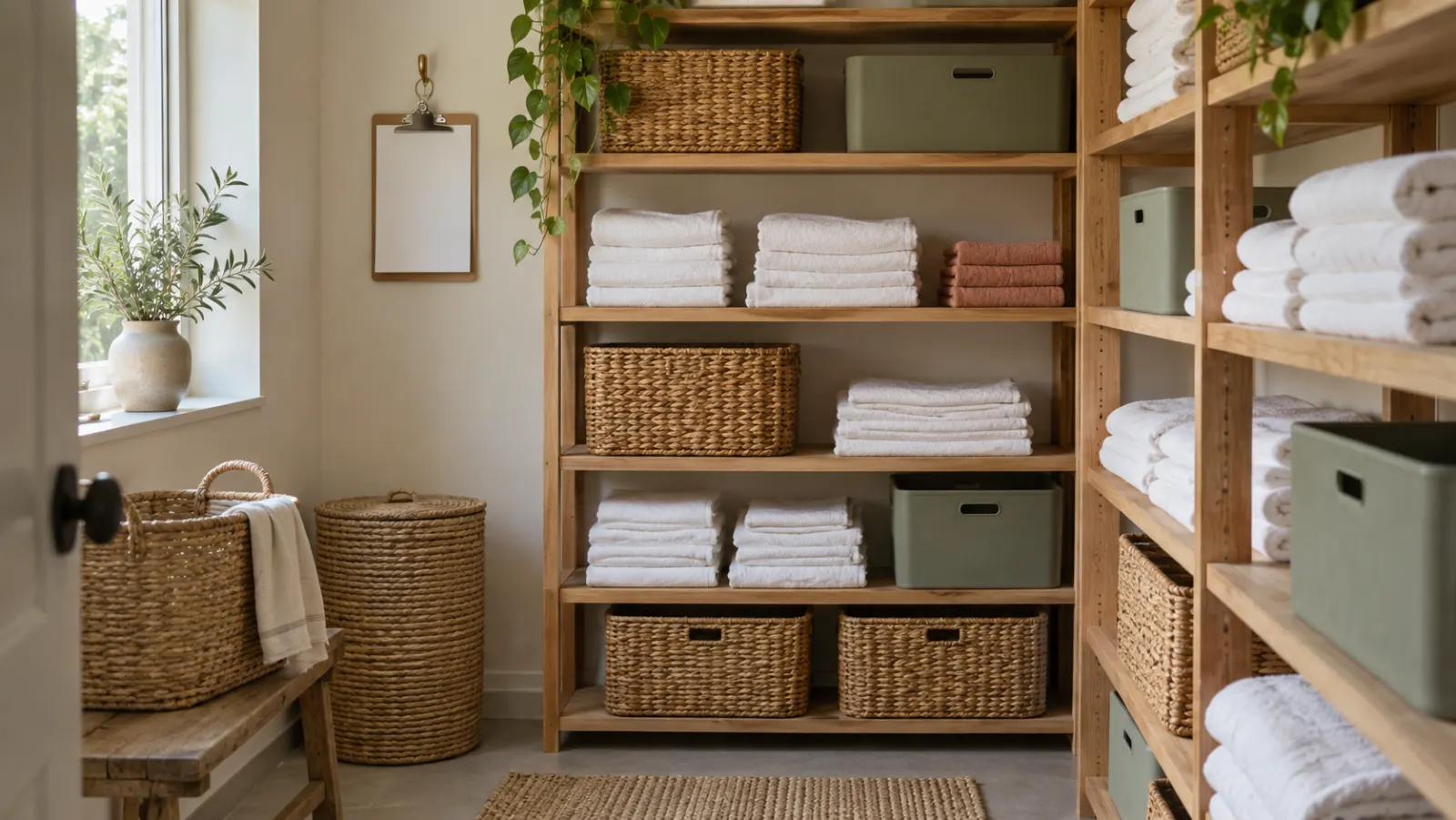 A tidy linen storage room with folded white sheets and towels on oak shelves.