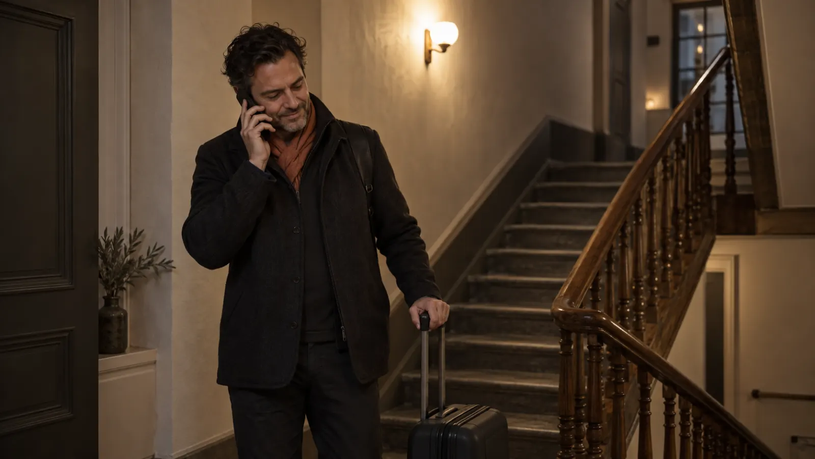 A guest with a small suitcase in a softly lit stairwell at night, talking calmly on his phone.
