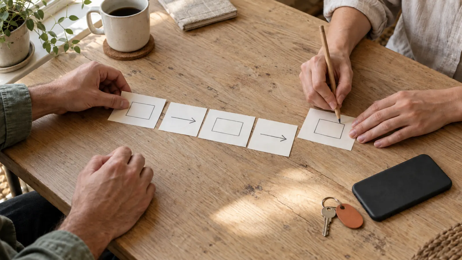 Two people laying out a procedure with index cards on a wooden table.