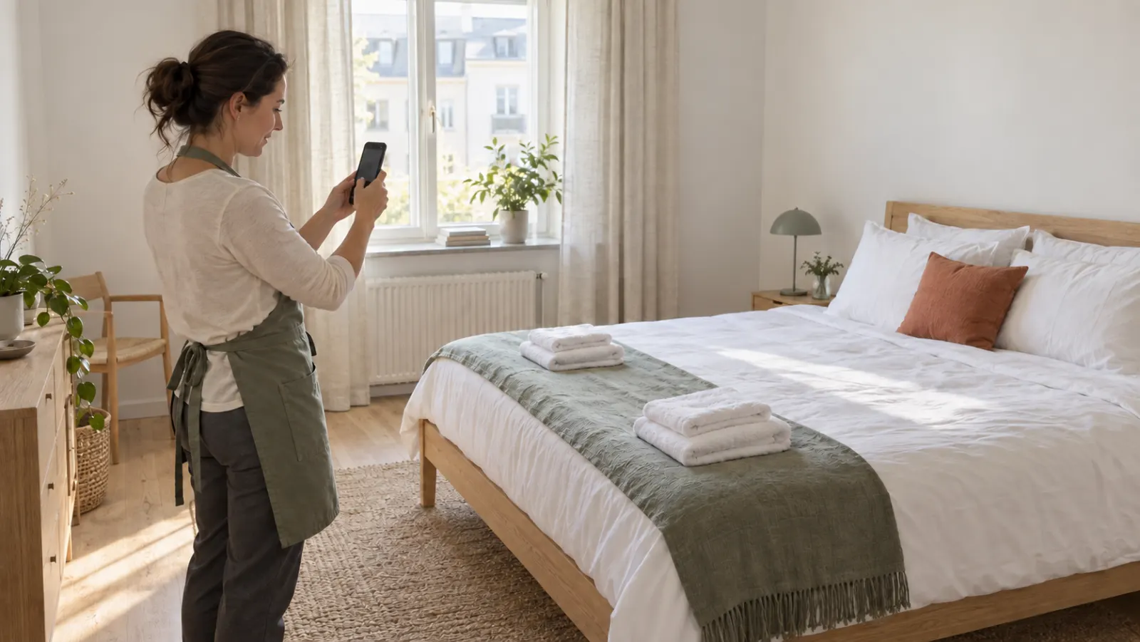 A cleaner photographing a freshly made bed with her phone.