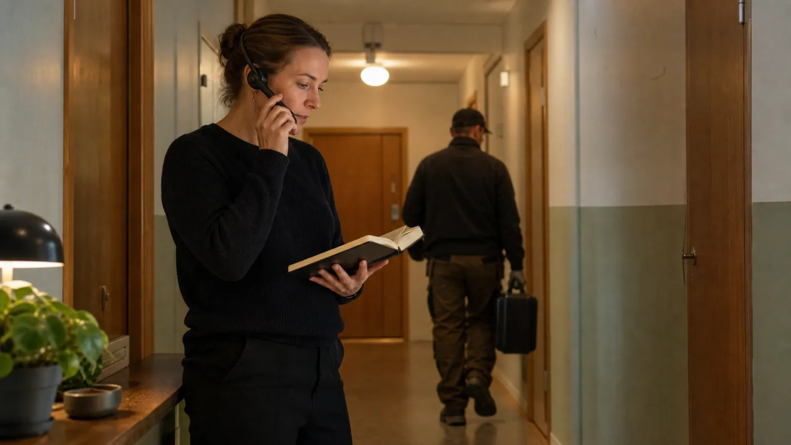 Coordinator taking a call in an apartment corridor